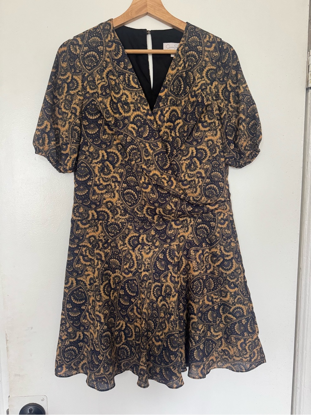 Jessica Simpson Black and Tan Paisley Wrap-Style Dress